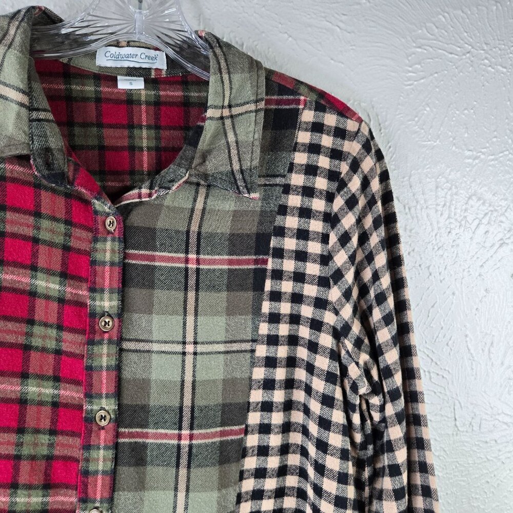 Patchwork Mix Plaid Shirt S Grunge Granola Girl Buttondown Collar Tunic Top - Picture 11 of 12